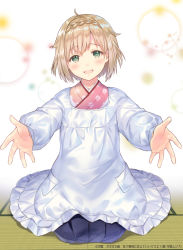 Rule 34 | 1girl, :d, ahoge, apron, blonde hair, blue skirt, blush, braid, commentary request, crown braid, floral print, full body, green eyes, hanekoto, head tilt, japanese clothes, kappougi, kimono, kneeling, lens flare, open mouth, original, outstretched arms, pink kimono, pleated skirt, short hair, simple background, skirt, smile, solo, spread arms, white background