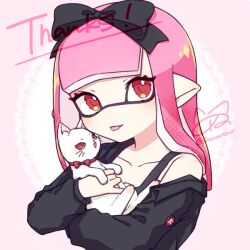 Rule 34 | 1girl, :p, animal, artist name, black bow, bow, cat, collarbone, commentary request, eyelashes, holding, holding animal, holding cat, inkling, inkling girl, inkling player character, inuowour, long hair, milestone celebration, nintendo, pawpads, pink hair, pointy ears, red eyes, signature, simple background, single bare shoulder, splatoon (series), thank you, tongue, tongue out, upper body, whiskers, white background, white fur