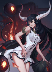 Rule 34 | 10s, 1girl, absurdres, abyssal ship, anchorage water oni, bare shoulders, black hair, breasts, cannon, dress, enemy aircraft (kancolle), gradient hair, hair between eyes, highres, horns, kantai collection, large breasts, long hair, machinery, multicolored hair, open mouth, overskirt, red eyes, reisun001, turret, very long hair, white dress, yellow eyes