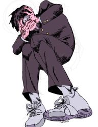 Rule 34 | 1boy, artist name, black hair, black jacket, black pants, bowl cut, buttons, colored skin, covering face, covering one eye, gakuran, hands on own face, jacket, kageyama shigeo, long sleeves, male focus, mob psycho 100, monochrome, one eye covered, panicking, pants, pink skin, pleated pants, red eyes, school uniform, shaded face, shirt, shoelaces, shoes, signature, simple background, sneakers, solo, sweat, uniform, vero (flanzee), white footwear, white legwear, white shirt, wide-eyed