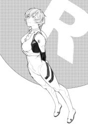 Rule 34 | 1girl, arms behind back, ayanami rei, bodysuit, breasts, cao-cao, dutch angle, from side, full body, greyscale, hair between eyes, headgear, looking up, medium breasts, monochrome, neon genesis evangelion, pilot suit, plugsuit, short hair, solo, standing, turtleneck