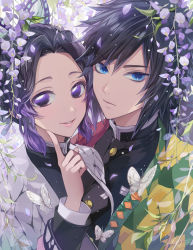 Rule 34 | 1boy, 1girl, black hair, black jacket, blue eyes, butterfly hair ornament, closed mouth, commentary request, flower, forehead, gradient hair, hair between eyes, hair ornament, hand up, highres, index finger raised, jacket, kimetsu no yaiba, kochou shinobu, long sleeves, matsurika youko, multicolored hair, open clothes, parted bangs, parted lips, purple eyes, purple flower, purple hair, smile, tomioka giyuu, upper body, white flower