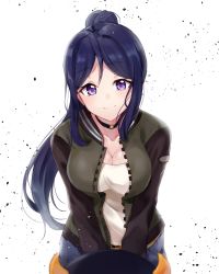 Rule 34 | 1girl, blue eyes, blue hair, breasts, cleavage, collar, collarbone, floating hair, hair between eyes, high ponytail, highres, jacket, leaning forward, long hair, looking at viewer, love live!, love live! school idol festival, love live! sunshine!!, matsuura kanan, medium breasts, open clothes, open jacket, shirt, simple background, smile, solo, standing, swept bangs, upper body, very long hair, white background, white shirt, zyenokana
