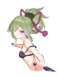 Rule 34 | 1girl, absurdres, bare arms, bare shoulders, breasts, commentary request, dagger, genshin impact, green hair, highres, holding, holding dagger, holding knife, holding weapon, knife, kuki shinobu, kunai, looking at viewer, mo (mo80 rr), ponytail, purple eyes, short hair, simple background, small breasts, solo, strap slip, upper body, weapon, white background