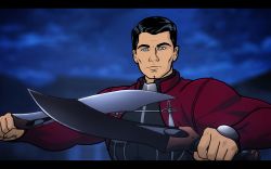 Rule 34 | archer (fate), archer (fate) (cosplay), archer (series), cosplay, crossover, fate/stay night, fate (series), highres, holding, holding sword, holding weapon, letterboxed, male focus, manly, name connection, official style, pun, solo, sterling archer, sword, weapon