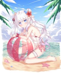 Rule 34 | + +, 1girl, alternate costume, alternate hairstyle, azur lane, ball, beach, beachball, blue eyes, blue sky, blush, breasts, bridal garter, cleavage, cloud, cloudy sky, commentary, conch, day, double bun, gradient hair, hair bun, le malin (azur lane), looking at viewer, multicolored hair, nail polish, navel, ocean, one-piece swimsuit, outdoors, palm leaf, pink nails, ribbon, sand, sidelocks, silver hair, sitting, sky, small breasts, solo, starfish, swimsuit, symbol-shaped pupils, toenail polish, toenails, twintails, wariza, water, white one-piece swimsuit, wrist ribbon, yozora (33968397)
