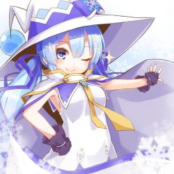 Rule 34 | 1girl, aqua nails, blue bow, blue collar, blue eyes, blue hair, bow, cloak, collar, collared dress, commentary, dera fury, dress, fingerless gloves, gloves, hand on own hip, hat, hat bow, hatsune miku, large hat, light blue hair, long hair, looking at viewer, nail polish, necktie, one eye closed, outstretched arm, purple gloves, sleeveless, sleeveless dress, smile, snowflake ornament, snowflakes, solo, sparkle, treble clef, twintails, upper body, vocaloid, white cloak, white dress, witch hat, yellow necktie, yuki miku, yuki miku (2014)