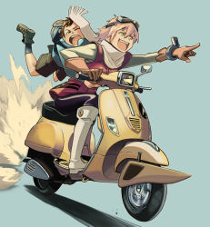 Rule 34 | 00s, 1boy, 1girl, bowieknife, flcl, goggles, goggles on head, haruhara haruko, motor vehicle, motorcycle, multiple riders, nandaba naota, open mouth, pointing, riding, scarf, scooter, smile, vehicle, vespa
