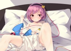 Rule 34 | 1girl, arai togami, bad id, bad twitter id, bed, bloomers, blush, collarbone, flat chest, hairband, heart, komeiji satori, long sleeves, looking at viewer, lying, navel, on back, parted lips, pillow, pink hair, red eyes, short hair, solo, spread legs, third eye, touhou, underwear, wide sleeves