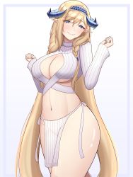 Rule 34 | 1girl, absurdres, alternate costume, arknights, blonde hair, blue eyes, blue hairband, blush, border, breasts, cleavage, commentary, cowboy shot, crop top, gradient background, grin, hair between eyes, hairband, hands up, head tilt, highres, horns, large breasts, laxiusart, long hair, long sleeves, looking at viewer, midriff, navel, outside border, pelvic curtain, pointy ears, purple background, purple border, saileach (arknights), smile, solo, standing, stomach, thick thighs, thighs, turtleneck, very long hair, white background