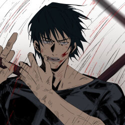 Rule 34 | 1boy, black hair, blood, blood on face, fushiguro touji, half-closed eyes, hands up, highres, jujutsu kaisen, looking at viewer, male focus, mature male, muscular, muscular male, pectorals, piaofuzai tiankong, scar, scar on face, scar on mouth, serious, shirt, short hair, solo, t-shirt, upper body
