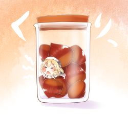 Rule 34 | &gt; &lt;, 1girl, bikuseno, blonde hair, bottle, brown background, chestnut, chestnut mouth, chibi, closed eyes, drill hair, hat, in bottle, in container, luna child, mini person, minigirl, open mouth, ribbon, short hair, solo, touhou