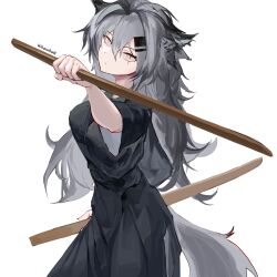 Rule 34 | 1girl, absurdres, animal ears, arknights, artist name, breasts, dual wielding, grey eyes, grey hair, hair between eyes, hair ornament, hairclip, hand up, highres, holding, holding sword, holding weapon, japanese clothes, lappland (arknights), large breasts, long hair, long sleeves, messy hair, scar, scar across eye, simple background, solo, sword, tail, tesbori, weapon, white background, wide sleeves, wolf ears, wolf girl, wolf tail, wooden sword