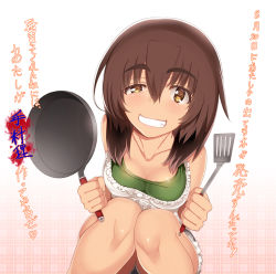 Rule 34 | 1girl, apron, bare shoulders, black hair, blood, blood splatter, blush, breasts, brown hair, char, cleavage, collarbone, cutoffs, denim, denim shorts, eyebrows, frilled apron, frills, frying pan, gradient background, grin, hair between eyes, heart, holding, kamikui no ex machina, knees together feet apart, looking at viewer, multicolored hair, official art, original, pink background, plaid, plaid background, rosetta (kamikui), short hair, short shorts, shorts, smile, solo, spatula, spoken heart, squatting, translation request, two-tone hair, uneven eyes, yellow eyes