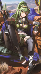 Rule 34 | 1girl, arknights, bare shoulders, black footwear, black gloves, black shorts, boots, bracelet, breasts, cactus, cleavage, crocodilian tail, crop top, day, desert, elbow gloves, facepaint, full body, gas mask, gavial (arknights), gavial the invincible (arknights), gloves, goggles, goggles on head, green hair, highres, jewelry, large breasts, long hair, looking at viewer, mask, mask on head, material growth, mouth hold, navel, on ground, oripathy lesion (arknights), outdoors, parted lips, pointy ears, ponytail, rock, short shorts, shorts, sitting, smile, tail, thigh boots, toeless footwear, ttk (kirinottk), very long hair, yellow eyes