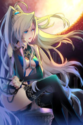 Rule 34 | 1girl, bare shoulders, black thighhighs, blonde hair, blue eyes, frown, high ponytail, ire flina, long hair, lowres, sitting, solo, sword girls, thighhighs, very long hair, whip
