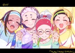 Rule 34 | 4girls, blonde hair, blush, brown hair, closed mouth, commentary request, earrings, episode number, episode title, closed eyes, facial mark, glasses, grey hair, grin, hamaguri hiromi, headband, hirayama kanna, holding hands, imau nagisa, interlocked fingers, jewelry, letterboxed, multiple girls, open mouth, overalls, ponytail, purple hair, round eyewear, selection project, short eyebrows, smile, star (symbol), star facial mark, sweater, tan, thick eyebrows, translation request, yagi nodoka, yellow background, yodogawa ao, zipper