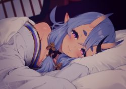 Rule 34 | 1girl, bad id, bad pixiv id, bare shoulders, black choker, black hair, blanket, blue hair, blurry, blurry background, blush, breasts, choker, cleavage, closed mouth, depth of field, fang, horns, japanese clothes, long hair, long sleeves, looking at viewer, lunch (shin new), lying, mole, mole under mouth, multicolored hair, nijisanji, on bed, on side, pillow, pink eyes, pointy ears, rindou mikoto, sidelocks, skin-covered horns, smile, solo, streaked hair, thick eyebrows, virtual youtuber, wide sleeves