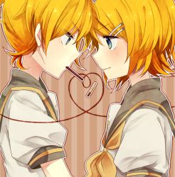 Rule 34 | 1boy, 1girl, bad id, bad pixiv id, blonde hair, blush, brother and sister, couple, eye contact, food, heart, heart of string, hetero, kagamine len, kagamine rin, looking at another, pocky, profile, short hair, siblings, twins, vocaloid, wavy mouth, yuyupo