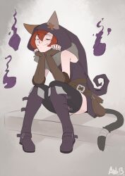 Rule 34 | animal ears, animal hood, arbuz budesh, bandage on tail, blush, boots, brown eyes, brown hair, cat ears, cat girl, cat hood, cat tail, fur collar, gloves, hood, jacket, knee boots, leather, leather boots, leather gloves, leather jacket, nathy, short hair, small fangs, tail, waist belt, wisps, witch hood