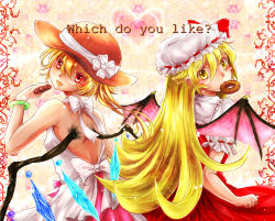 Rule 34 | 2girls, bat wings, blonde hair, cosplay, costume switch, crossover, doughnut, dress, flandre scarlet, flandre scarlet (cosplay), food, hat, long hair, monogatari (series), mouth hold, multiple girls, oshino shinobu, oshino shinobu (cosplay), red eyes, short hair, side ponytail, soushi (shio040), sun hat, touhou, wings, yellow eyes