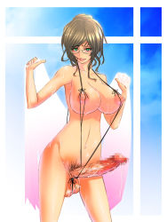 Rule 34 | 1futa, breasts, brown hair, censored, cleavage, cowboy shot, erection, full-package futanari, functionally nude, futanari, glasses, green eyes, highres, large breasts, large testicles, linea alba, miso (pixiv885692), mosaic censoring, nipples, original, parted lips, penis, precum, pubic hair, red lips, slingshot swimsuit, solo, standing, strap gap, sweat, swimsuit, testicles