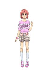 Rule 34 | 1boy, :d, bracelet, crossdressing, full body, hand up, highres, jewelry, king of prism, king of prism: shiny seven stars, kneehighs, looking at viewer, male focus, official art, open mouth, pink eyes, pink footwear, pink hair, pink shirt, plaid, plaid shorts, pretty rhythm, pretty series, saionji leo, sandals, second-party source, shirt, short sleeves, shorts, simple background, smile, socks, solo, standing, tachi-e, transparent background, trap
