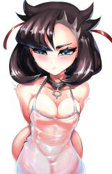 Rule 34 | 1girl, apron, areola slip, arms behind back, black hair, blush, breasts, chobonolly, choker, cleavage, creatures (company), game freak, green eyes, highres, marnie (pokemon), medium breasts, nintendo, nipples, pokemon, pokemon swsh, solo, sweat, wide hips