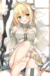 Rule 34 | 1girl, ahoge, barefoot, blonde hair, blush, breasts, cleavage, feet, foot focus, green eyes, headdress, highres, leg up, looking at viewer, open mouth, sitting, soles, toes