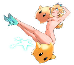 Rule 34 | 1girl, armpits, arms up, blonde hair, blue eyes, blue footwear, breasts, censored nipples, closed mouth, convenient censoring, crown, earrings, eyelashes, from side, full body, groin, hair over one eye, high heels, jewelry, legs, legs together, legs up, lips, long hair, luma (mario), mario (series), medium breasts, navel, nintendo, no socks, nude, pink lips, rosalina, shooting star, sideboob, simple background, smirk, sparkle, star (symbol), star earrings, stiletto heels, sunbeam (artist), super mario galaxy, white background