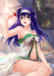 Rule 34 | 1girl, ahoge, bare shoulders, bed, blue hair, blush, breasts, cleavage, cyaca ab, fire emblem, fire emblem: path of radiance, food, green eyes, hairband, headband, highres, long hair, medium breasts, mia (fire emblem), navel, nintendo, open mouth, purple hair, simple background, sitting, smile, solo, underwear, white hairband
