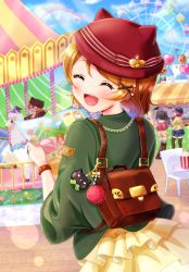 Rule 34 | 1girl, animal hat, artist name, artist request, backpack, bag, blue sky, blush, bow, breasts, brown hair, closed eyes, cloud, day, dress, female focus, frilled skirt, frills, green jacket, hair between eyes, hair ornament, hat, highres, holding, holding map, jacket, koizumi hanayo, light brown skirt, looking at viewer, love live!, love live! school idol festival, love live! school idol project, map, miniskirt, outdoors, parted lips, plaid, plaid dress, plaid skirt, pleated, pleated dress, pleated skirt, red bow, red hat, short hair, skirt, sky, smile, solo, striped, striped bow, wristband, x hair ornament, yellow skirt