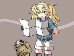 Rule 34 | 1girl, 1other, belt, black gloves, blonde hair, blue background, blue eyes, blue shirt, collared shirt, commentary, cowboy shot, crossover, english commentary, fblthp, the lost (mtg), gambier bay (kancolle), gloves, hairband, kantai collection, magic: the gathering, map (object), one-hour drawing challenge, shirt, shorts, sixten, thighhighs, trait connection, twintails, white shorts, white thighhighs