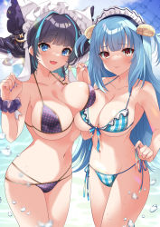 Rule 34 | 2girls, :3, :d, akatsuki (aktk511), alternate costume, animal ears, asymmetrical docking, azur lane, bare shoulders, bikini, black hair, blue eyes, blue hair, blue sky, blunt bangs, blush, breast press, breasts, cat ears, cheshire (azur lane), clam shell, cleavage, closed mouth, cloud, collarbone, commentary request, commission, cowboy shot, day, fake animal ears, frilled hairband, frills, groin, hair ornament, hairband, hands up, highres, holding hands, large breasts, long hair, looking at viewer, maid headdress, multi-strapped bikini, multicolored hair, multiple girls, nail polish, navel, neptune (azur lane), open mouth, plaid, plaid bikini, polka dot, polka dot bikini, purple bikini, purple nails, purple scrunchie, scrunchie, shell hair ornament, short hair, side-tie bikini bottom, sidelocks, skeb commission, skindentation, sky, smile, standing, stomach, strap pull, streaked hair, swimsuit, two-tone hair, two side up, wrist scrunchie, yellow eyes