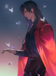 Rule 34 | 1boy, bishounen, black hair, bug, butterfly, cape, chinese clothes, eyepatch, hanfu, highres, hua cheng, insect, long hair, male focus, military, military uniform, profile, purple butterfly, red eyes, solo, tianguan cifu, uniform, yuwenkedaibiao404