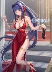 Rule 34 | 1girl, bare shoulders, barefoot, blue hair, blush, bow, bracelet, breasts, cleavage, collar, collarbone, commentary request, copyright name, cuboon, dress, evertale, fingernails, green eyes, hair bow, hair intakes, high heels, highres, holding, jewelry, large breasts, looking at viewer, ludmilla (evertale), necklace, official art, parted lips, red dress, shiny clothes, shiny skin, side slit, simple background, sleeveless, sleeveless dress, solo, stairs, thigh strap, thighs, toes
