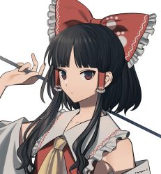 Rule 34 | 1girl, arm up, ascot, banned artist, blunt bangs, bow, brown hair, closed mouth, collarbone, commentary request, detached sleeves, frilled bow, frills, gohei, hair bow, hair tubes, hakurei reimu, harano, long hair, looking at viewer, nontraditional miko, paw print, red bow, red eyes, red vest, sidelocks, simple background, solo, standing, touhou, upper body, vest, white background, white sleeves, wily beast and weakest creature, wing collar, yellow ascot