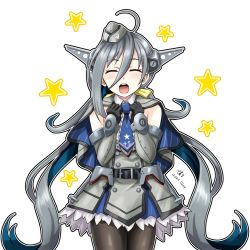 Rule 34 | 1girl, ahoge, artist name, belt, belt buckle, black belt, black gloves, black pantyhose, blue hair, blue necktie, blush, buckle, closed eyes, clothes writing, colorado (kancolle), colorado (kancolle) (cosplay), cosplay, cowboy shot, dated, detached sleeves, garrison cap, gloves, grey hair, grey hat, hair between eyes, hat, headgear, kantai collection, kiyoshimo (kancolle), long hair, low twintails, multicolored hair, necktie, open mouth, pantyhose, signature, simple background, smile, solo, star (symbol), teeth, tk8d32, twintails, upper teeth only, white background