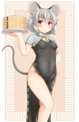 Rule 34 | 1girl, adapted costume, alternate costume, animal ears, bare legs, blush, breasts, capelet, china dress, chinese clothes, covered navel, dress, grey hair, highres, jewelry, legs, looking at viewer, mouse ears, mouse tail, nazrin, necklace, no panties, pelvic curtain, red eyes, short hair, sleeveless, small breasts, solo, tail, touhou, yuu (yu0221f)