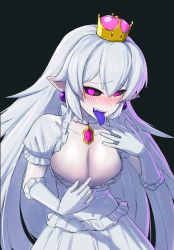 Rule 34 | 1girl, black background, black sclera, blush, breasts, cleavage, clothes pull, colored sclera, crown, dress pull, earrings, gem, gloves, glowing, glowing eyes, hand up, iwahana, jewelry, large breasts, long hair, looking at viewer, luigi&#039;s mansion, mario (series), new super mario bros. u deluxe, nintendo, nose blush, pink eyes, pointy ears, princess king boo, puffy short sleeves, puffy sleeves, sharp teeth, short sleeves, silver hair, simple background, smile, solo, super crown, teeth, tongue, tongue out, upper body, very long hair, white gloves