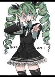 Rule 34 | 1girl, black bow, black ribbon, black shirt, black skirt, black thighhighs, blue eyes, blush stickers, bow, collared shirt, contrapposto, cowboy shot, dark angel (module), drill hair, foreshortening, frilled skirt, frills, green hair, hair between eyes, hair bow, hatsune miku, head tilt, highres, himitsu keisatsu (vocaloid), index finger raised, inu totemo, lapels, legs apart, letterboxed, long hair, long sleeves, mask, mask pull, mouth mask, neck ribbon, ok sign, ok sign over eye, outstretched arm, petticoat, pointing, pointing at viewer, ribbon, shirt, sidelocks, simple background, skirt, solo, thighhighs, thighs, twin drills, vocaloid, white background, white shirt