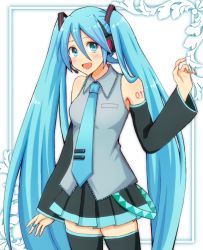 Rule 34 | 1girl, :d, absurdly long hair, black footwear, black skirt, black sleeves, blue eyes, blue hair, blue nails, blue necktie, blush, boots, collared shirt, cowboy shot, detached sleeves, dress shirt, floating hair, grey shirt, hair between eyes, hatsune miku, headphones, headset, koroni (nkrgs), long hair, long sleeves, looking at viewer, microphone, miniskirt, nail polish, necktie, open mouth, pleated skirt, shirt, skirt, sleeveless, sleeveless shirt, smile, solo, standing, thigh boots, thighhighs, twintails, very long hair, vocaloid, white background, wing collar, zettai ryouiki