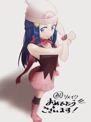 Rule 34 | 1girl, aogirism, beanie, blue eyes, blue hair, boots, breasts, brown shirt, brown socks, closed mouth, commentary request, creatures (company), crossed arms, dawn (pokemon), eyelashes, full body, game freak, grey background, hat, highres, long hair, miniskirt, nintendo, pink footwear, pink hat, pink skirt, pokemon, pokemon dppt, red scarf, scarf, shirt, sidelocks, skirt, sleeveless, sleeveless shirt, small breasts, smile, socks, solo, standing, watch, wristband, wristwatch