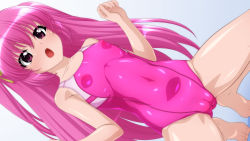 Rule 34 | 1girl, absurdres, barefoot, breasts, cameltoe, cleft of venus, commentary request, competition swimsuit, covered navel, dutch angle, hair ribbon, highres, long hair, one-piece swimsuit, original, pink hair, pink one-piece swimsuit, purple eyes, ribbon, small breasts, solo, squatting, sugimura tomokazu, swimsuit, two side up