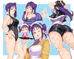 Rule 34 | 10s, 2girls, alp, apron, ass, black one-piece swimsuit, breasts, cleavage, closed mouth, competition swimsuit, frilled apron, frills, from side, gloves, half-closed eyes, holding, jacket, japanese clothes, kazuno leah, kazuno sarah, kimono, looking at viewer, love live!, love live! sunshine!!, maid headdress, multiple girls, multiple views, one-piece swimsuit, one eye closed, pink kimono, purple eyes, purple hair, ribbon, shirt, short shorts, shorts, siblings, side ponytail, sidelocks, sisters, smile, standing, swimsuit, thighhighs, white apron, yellow kimono