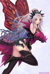 Rule 34 | 1girl, absurdres, black thighhighs, blush, breasts, commentary request, detached sleeves, dress, facial mark, fairy wings, fire emblem, fire emblem heroes, forehead mark, grey background, grey hair, hair vines, helen (helen2210hk), highres, large breasts, long hair, nintendo, open mouth, parted bangs, plant, plumeria (fire emblem), pointy ears, ponytail, purple dress, red eyes, simple background, solo, standing, standing on one leg, thighhighs, twitter username, very long hair, vines, wings
