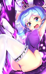 Rule 34 | 1girl, armpits, ass, bad id, bad pixiv id, blue eyes, blue hair, blush, breasts, fake tail, highres, leonat, leotard, long hair, looking at viewer, open mouth, pom pom (clothes), purple leotard, rabbit tail, shiny skin, sitting, small breasts, solo, soulworker, stella unibell, tail, thighhighs, tiara, white thighhighs