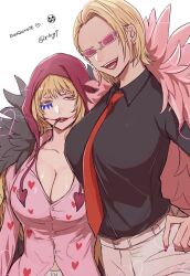 Rule 34 | 2girls, black shirt, blonde hair, breasts, character name, cigarette, cleavage, coat, commentary request, donquixote doflamingo, donquixote rocinante, earrings, feather coat, genderswap, genderswap (mtf), hand on own hip, hat, heart, heart print, huge breasts, jewelry, long hair, long sleeves, looking at viewer, makeup, mouth hold, multiple girls, nashieda, one piece, open mouth, pants, pink-tinted eyewear, pink coat, pink nails, red lips, shirt, short hair, siblings, sisters, smile, smoke, smoking, sunglasses, tinted eyewear, very long hair, white-framed eyewear