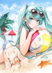Rule 34 | 1girl, ball, bare arms, bare shoulders, beach, beach umbrella, beachball, bikini, breasts, cleavage, cloud, coconut, commentary request, day, eyewear on head, green eyes, green hair, hair between eyes, hatsune miku, korean commentary, large breasts, long hair, lying, on stomach, outdoors, palm tree, sand, sand sculpture, shell, smile, solo, starfish, sunglasses, swimsuit, tanu0706, tree, twintails, umbrella, very long hair, vocaloid