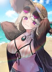 Rule 34 | 1girl, akagashi hagane, arknights, beach, braid, breasts, cleavage, hat, jewelry, large breasts, looking at viewer, midriff, necklace, open clothes, outdoors, purple-framed eyewear, purple eyes, short hair, slit pupils, smile, solo, sun hat, upper body, utage (arknights), utage (summer flowers) (arknights)